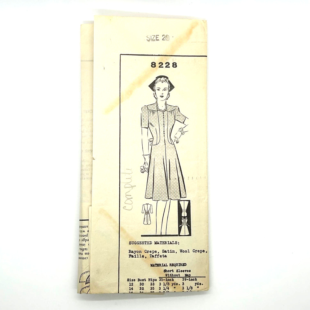Mail Order Vintage 1940's?‎ Pattern #8228 Women's Dress Size 20